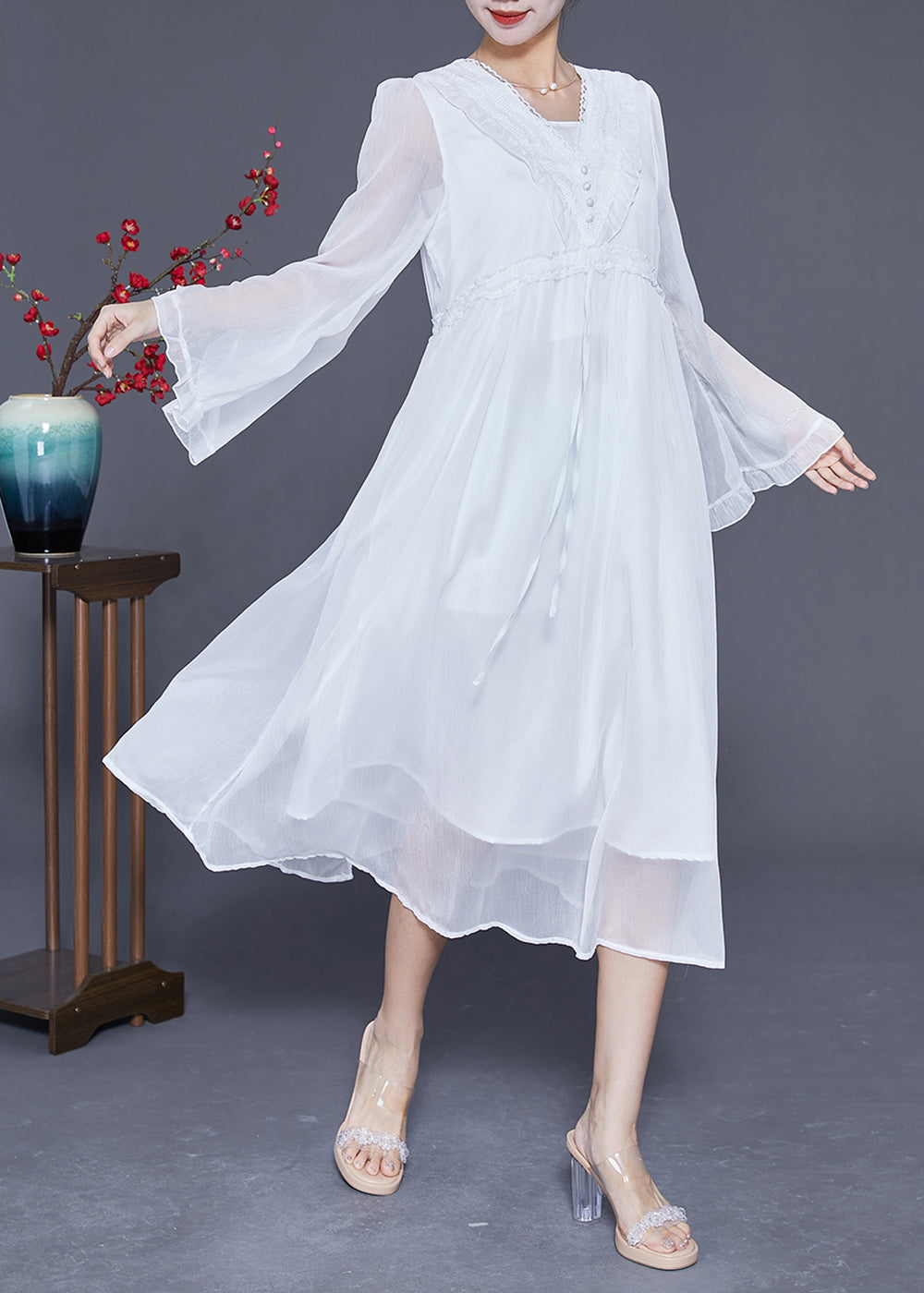 Fashion White Ruffled Patchwork Chiffon Holiday Dress Flare Sleeve LY3603 - fabuloryshop