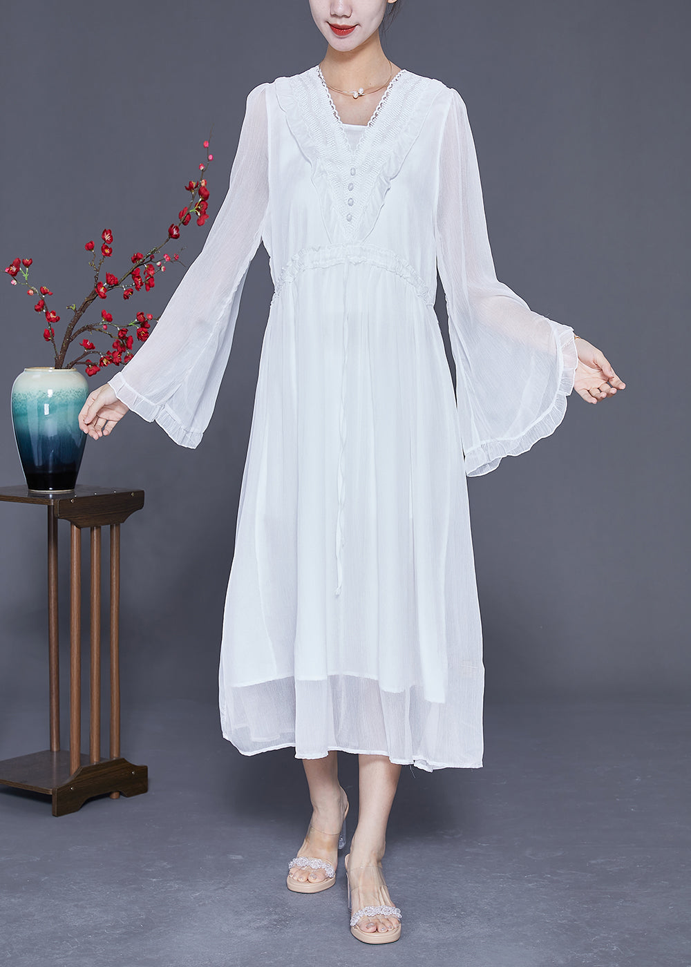 Fashion White Ruffled Patchwork Chiffon Holiday Dress Flare Sleeve LY3603 - fabuloryshop