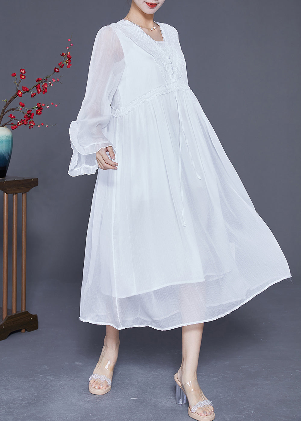 Fashion White Ruffled Patchwork Chiffon Holiday Dress Flare Sleeve LY3603 - fabuloryshop