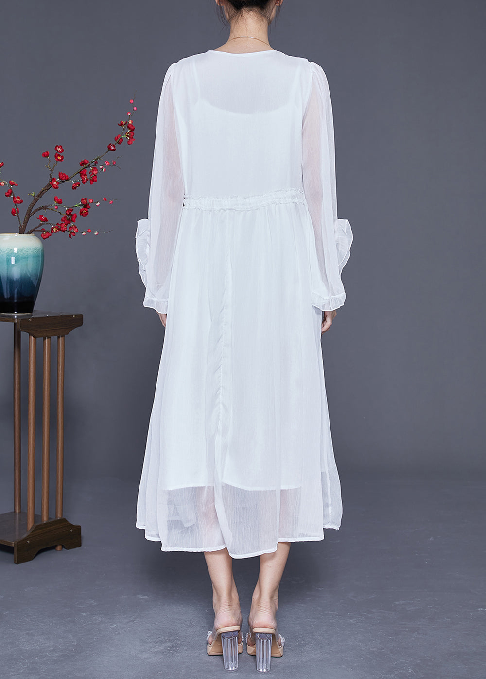 Fashion White Ruffled Patchwork Chiffon Holiday Dress Flare Sleeve LY3603 - fabuloryshop