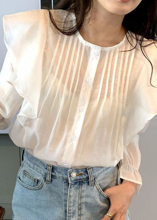 Fashion White Ruffled Patchwork Cotton Tops Long Sleeve LY2640 - fabuloryshop