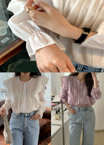 Fashion White Ruffled Patchwork Cotton Tops Long Sleeve LY2640 - fabuloryshop