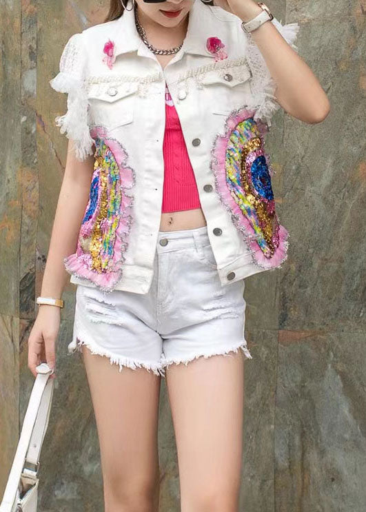 Fashion White Ruffled Sequins Nail Bead Patchwork Denim Vest Sleeveless LY5217 - fabuloryshop