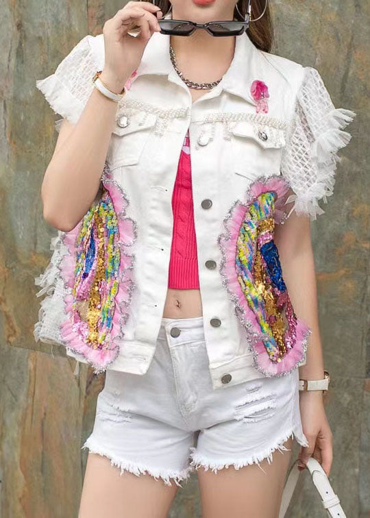 Fashion White Ruffled Sequins Nail Bead Patchwork Denim Vest Sleeveless LY5217 - fabuloryshop