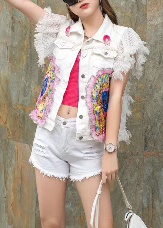 Fashion White Ruffled Sequins Nail Bead Patchwork Denim Vest Sleeveless LY5217 - fabuloryshop