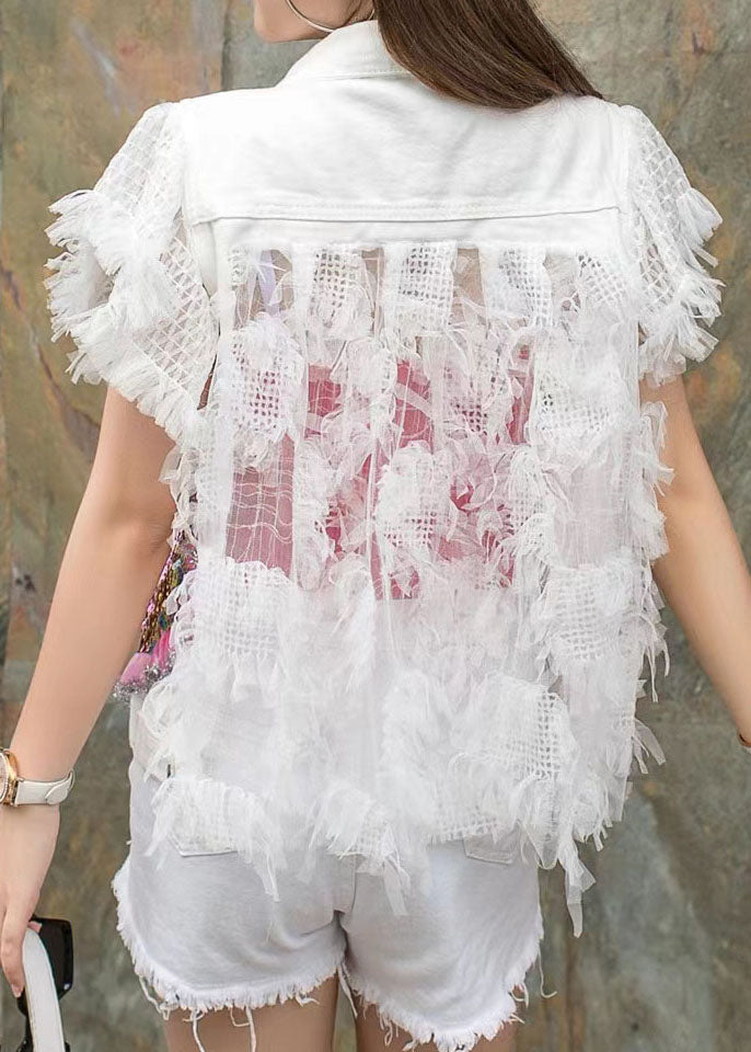 Fashion White Ruffled Sequins Nail Bead Patchwork Denim Vest Sleeveless LY5217 - fabuloryshop