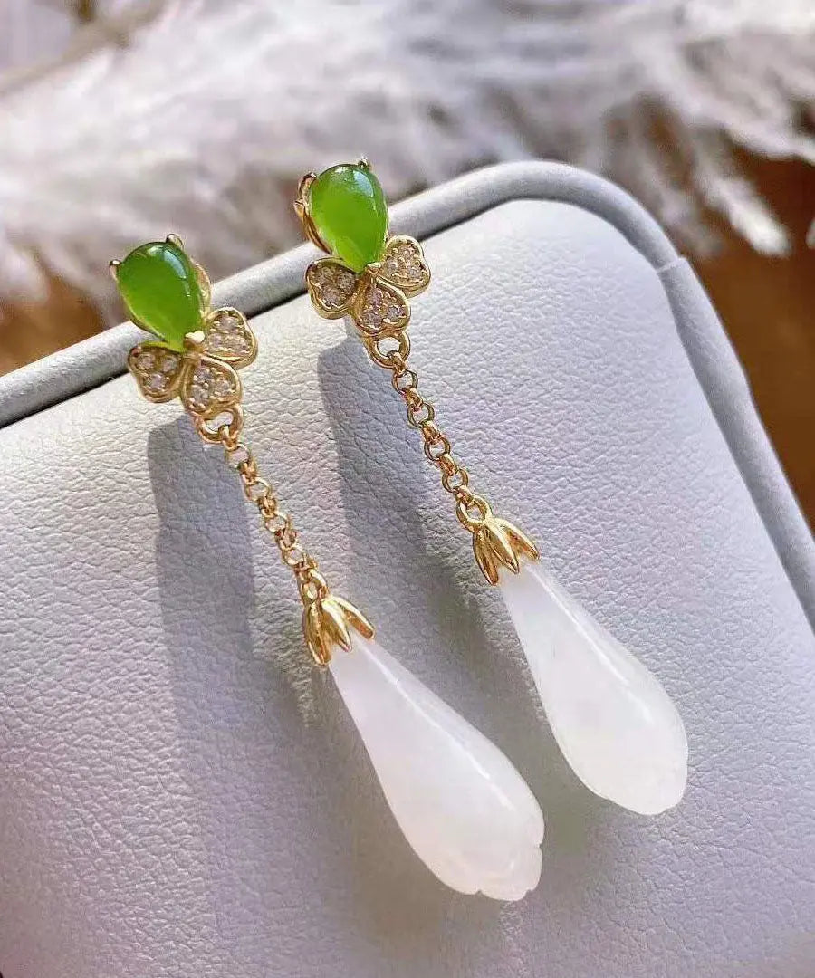 Fashion White Sterling Silver Overgild Jade Magnolia Drop Earrings Ada Fashion