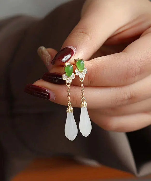 Fashion White Sterling Silver Overgild Jade Magnolia Drop Earrings Ada Fashion