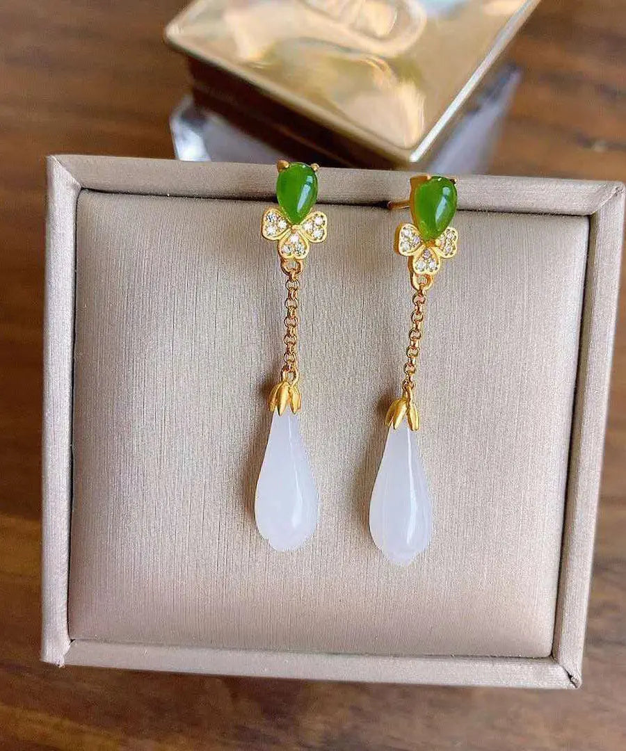 Fashion White Sterling Silver Overgild Jade Magnolia Drop Earrings Ada Fashion