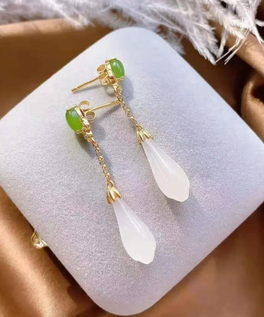 Fashion White Sterling Silver Overgild Jade Magnolia Drop Earrings Ada Fashion