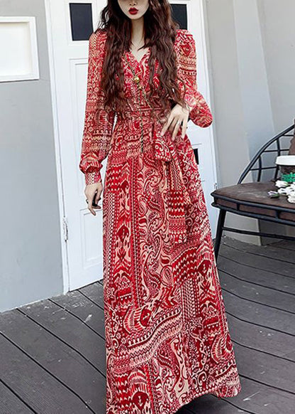 Fashion Wine Red V Neck Print Side Open Patchwork Long Dresses Fall Ada Fashion