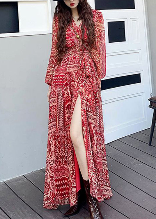 Fashion Wine Red V Neck Print Side Open Patchwork Long Dresses Fall Ada Fashion