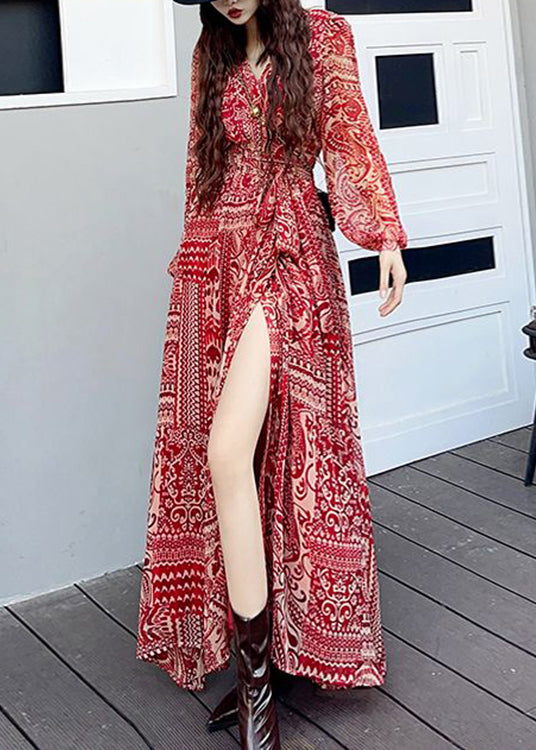 Fashion Wine Red V Neck Print Side Open Patchwork Long Dresses Fall Ada Fashion