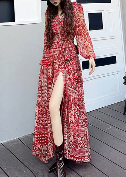 Fashion Wine Red V Neck Print Side Open Patchwork Long Dresses Fall Ada Fashion