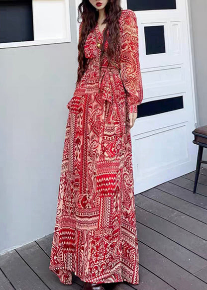 Fashion Wine Red V Neck Print Side Open Patchwork Long Dresses Fall Ada Fashion