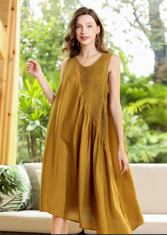 Fashion Yellow Asymmetrical Patchwork Wrinkled Cotton Dress Sleeveless LY0342 - fabuloryshop