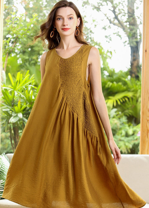 Fashion Yellow Asymmetrical Patchwork Wrinkled Cotton Dress Sleeveless LY0342 - fabuloryshop