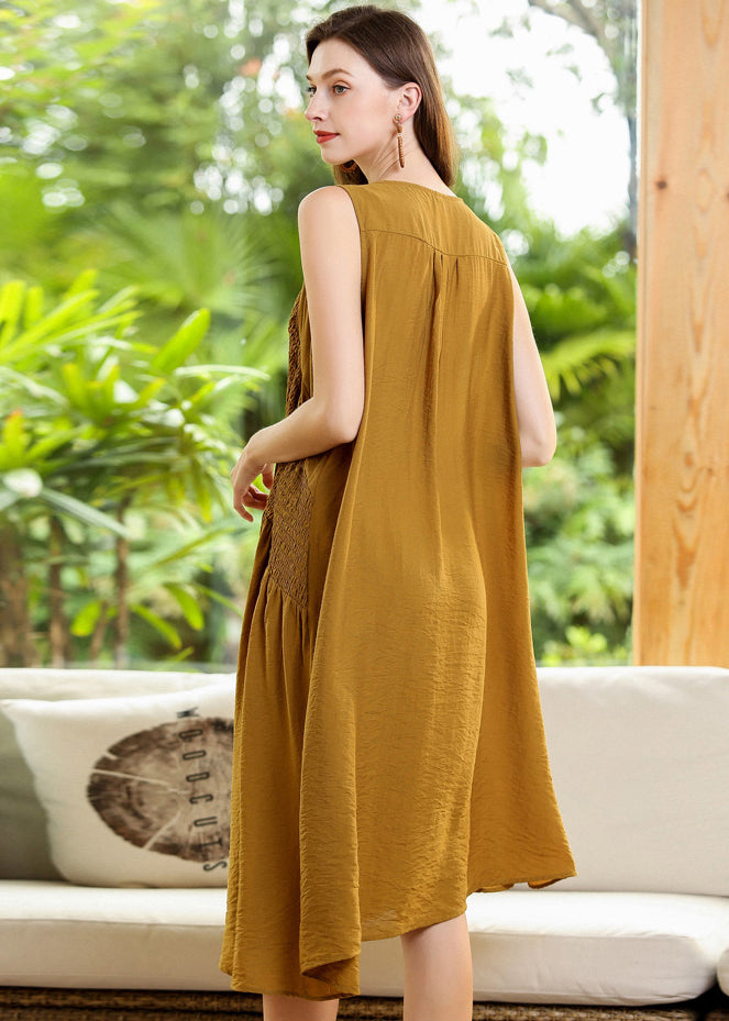 Fashion Yellow Asymmetrical Patchwork Wrinkled Cotton Dress Sleeveless LY0342 - fabuloryshop