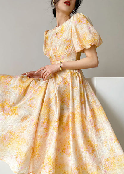 Fashion Yellow O-Neck Print Slim Fit Silk Holiday Dresses Lantern Sleeve LC0489 - fabuloryshop