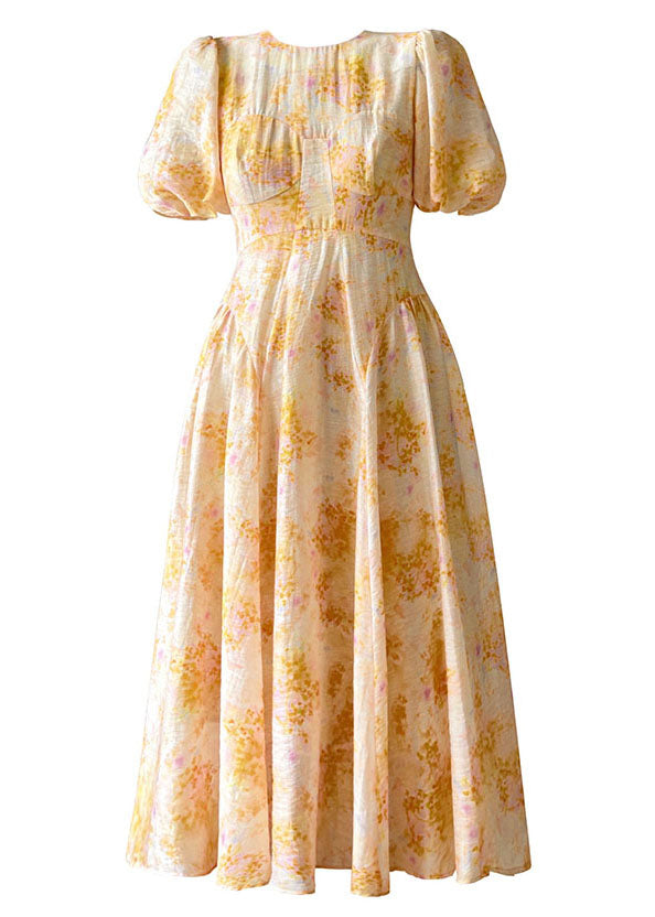 Fashion Yellow O-Neck Print Slim Fit Silk Holiday Dresses Lantern Sleeve LC0489 - fabuloryshop