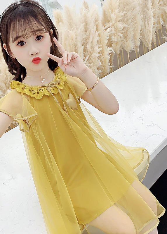 Fashion Yellow O-Neck Wrinkled Tulle Kids Long Dress Summer LY6438 - fabuloryshop