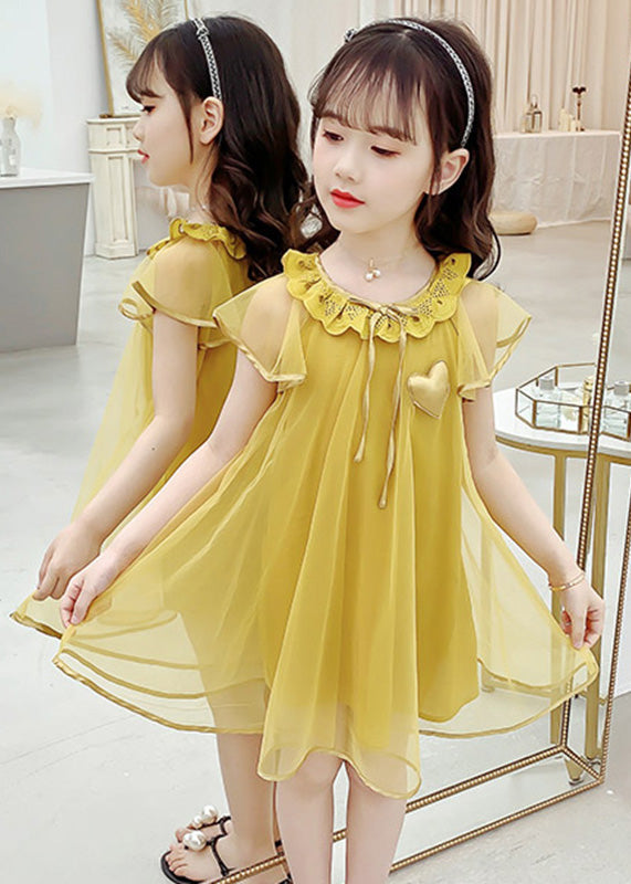 Fashion Yellow O-Neck Wrinkled Tulle Kids Long Dress Summer LY6438 - fabuloryshop