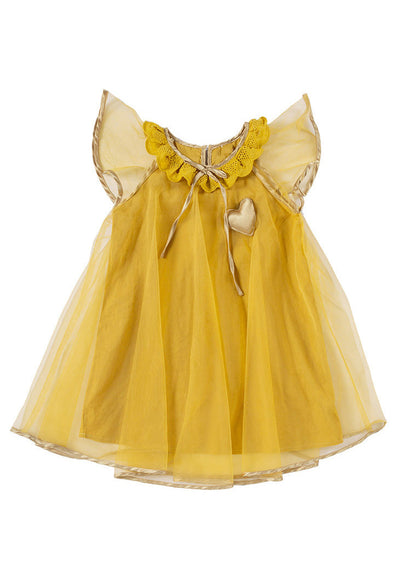 Fashion Yellow O-Neck Wrinkled Tulle Kids Long Dress Summer LY6438 - fabuloryshop