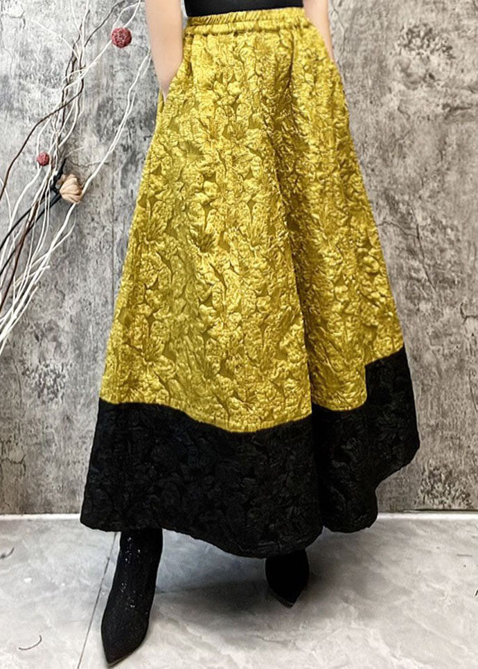 Fashion Yellow Pockets Jacquard Patchwork Silk Wide Leg Pants Spring LY4540 - fabuloryshop