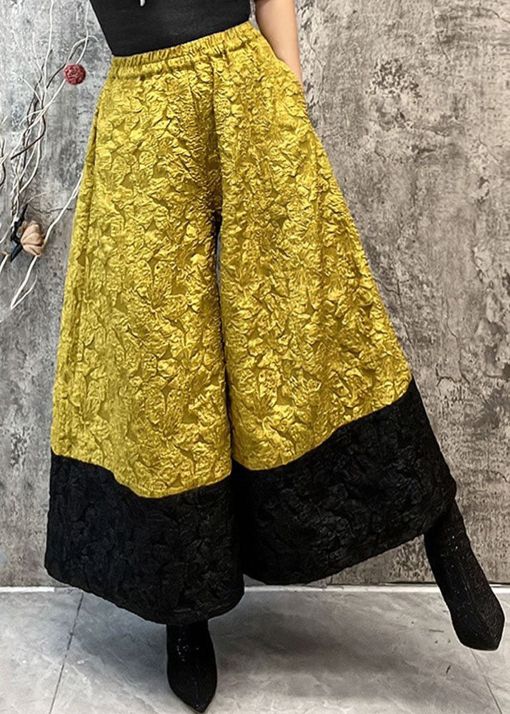 Fashion Yellow Pockets Jacquard Patchwork Silk Wide Leg Pants Spring LY4540 - fabuloryshop