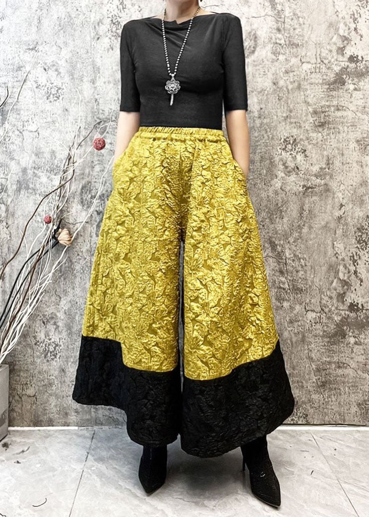 Fashion Yellow Pockets Jacquard Patchwork Silk Wide Leg Pants Spring LY4540 - fabuloryshop