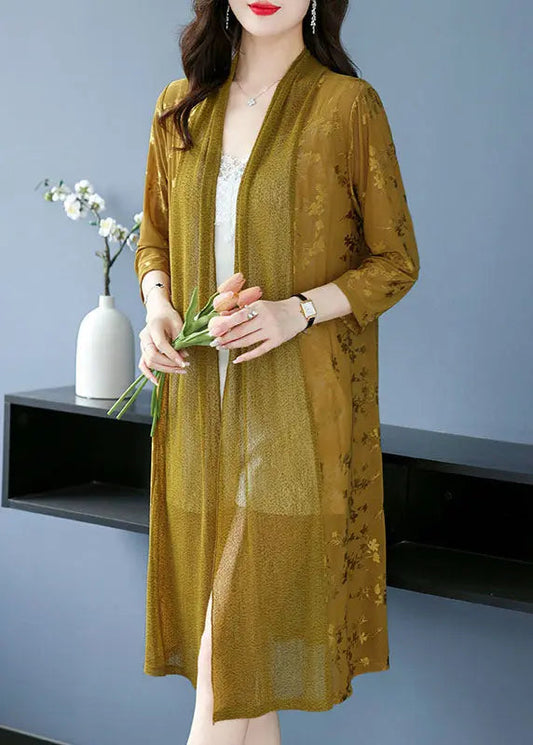 Fashion Yellow Print Patchwork Maxi Ice Size Chiffon Cardigans Long Sleeve Ada Fashion