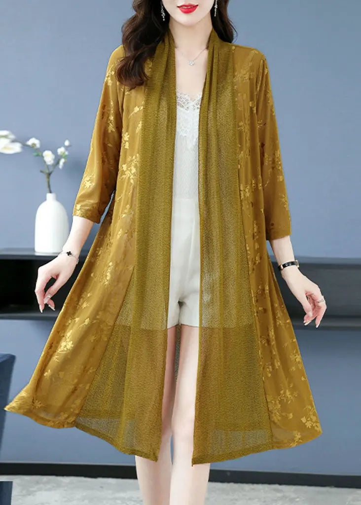 Fashion Yellow Print Patchwork Maxi Ice Size Chiffon Cardigans Long Sleeve Ada Fashion