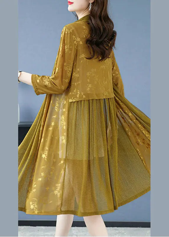 Fashion Yellow Print Patchwork Maxi Ice Size Chiffon Cardigans Long Sleeve Ada Fashion