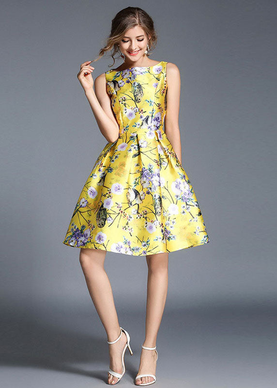 Fashion Yellow Print Wrinkled Patchwork Cotton Mid Dress Sleeveless LY7367 - fabuloryshop