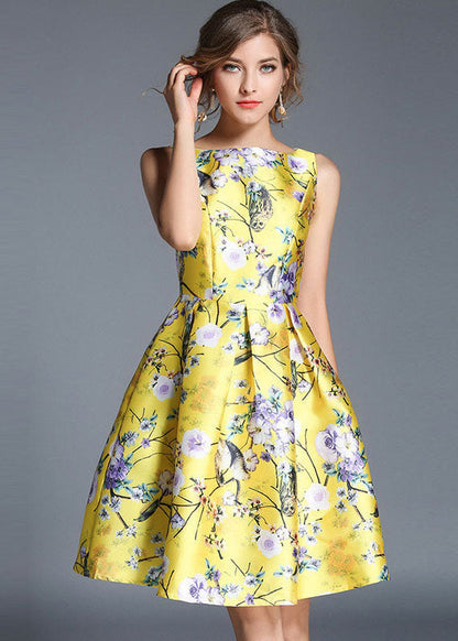 Fashion Yellow Print Wrinkled Patchwork Cotton Mid Dress Sleeveless LY7367 - fabuloryshop