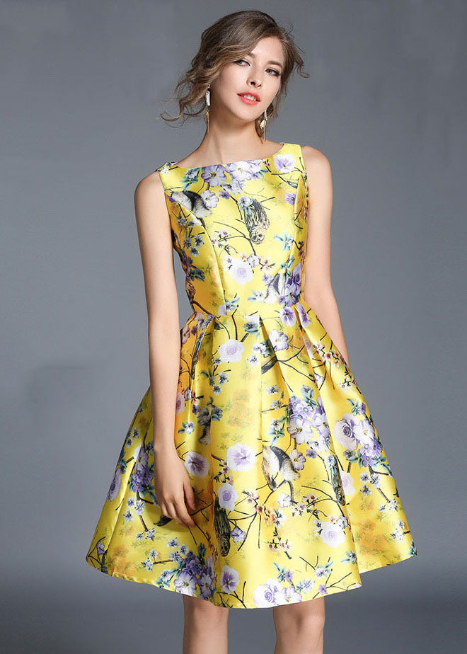 Fashion Yellow Print Wrinkled Patchwork Cotton Mid Dress Sleeveless LY7367 - fabuloryshop