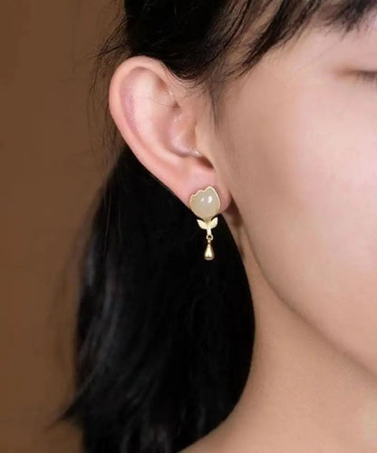 Fashion Yellow Sterlign Silver Inlaid Jade Leaf Drop Earrings Ada Fashion