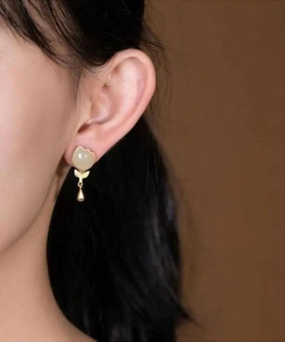 Fashion Yellow Sterlign Silver Inlaid Jade Leaf Drop Earrings Ada Fashion