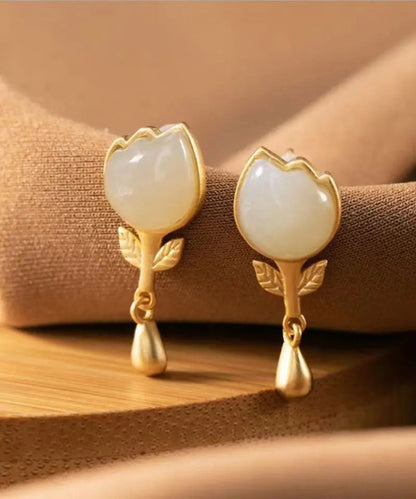 Fashion Yellow Sterlign Silver Inlaid Jade Leaf Drop Earrings Ada Fashion