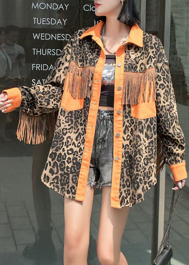 Fashion Yellow Tasseled Leopard Patchwork Denim Coat Spring LY5236 - fabuloryshop