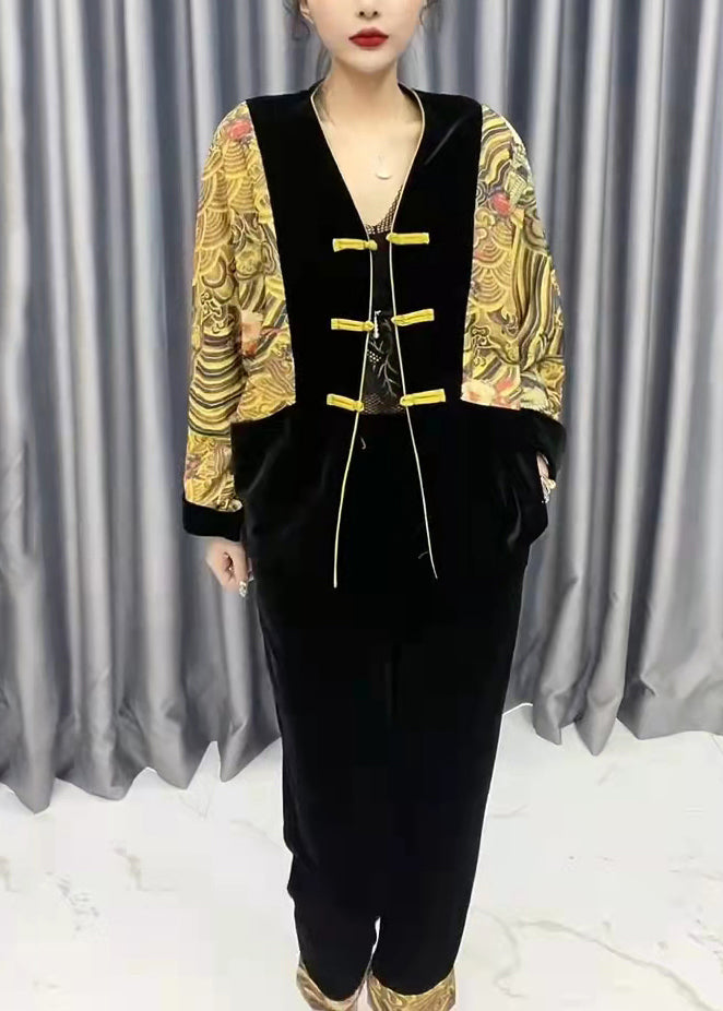 Fashion Yellow V Neck Print Patchwork Silk Velour Coats And Crop Pants Two Pieces Set Fall Ada Fashion