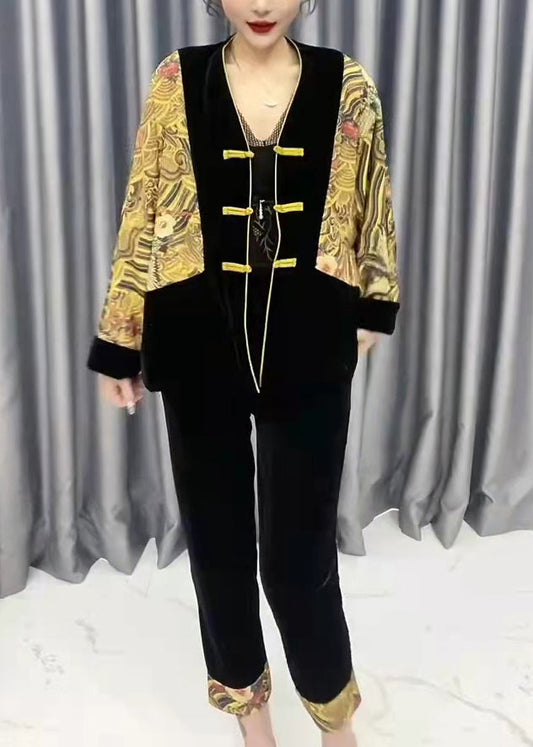 Fashion Yellow V Neck Print Patchwork Silk Velour Coats And Crop Pants Two Pieces Set Fall Ada Fashion