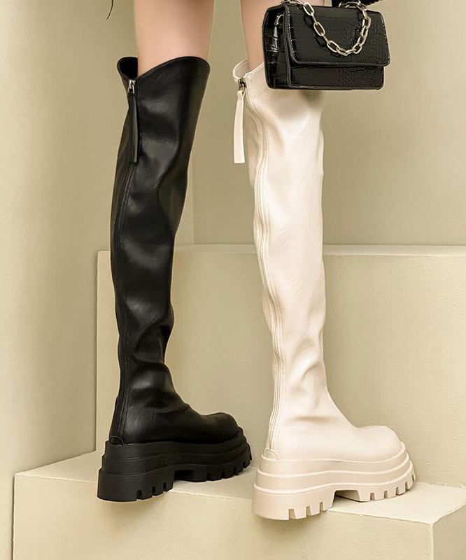 Fashion Zippered Splicing Platform Knee Boots Black Ada Fashion