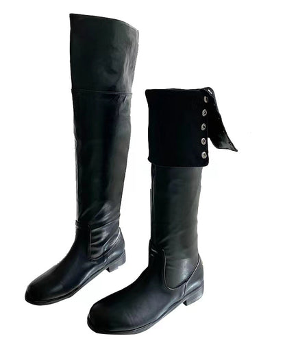 Faux Leather Long Boots Black Wrinkled