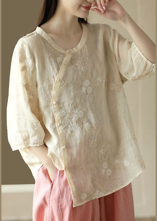 Fine Apricot Embroideried Button Patchwork Linen Top Summer LY5096 - fabuloryshop