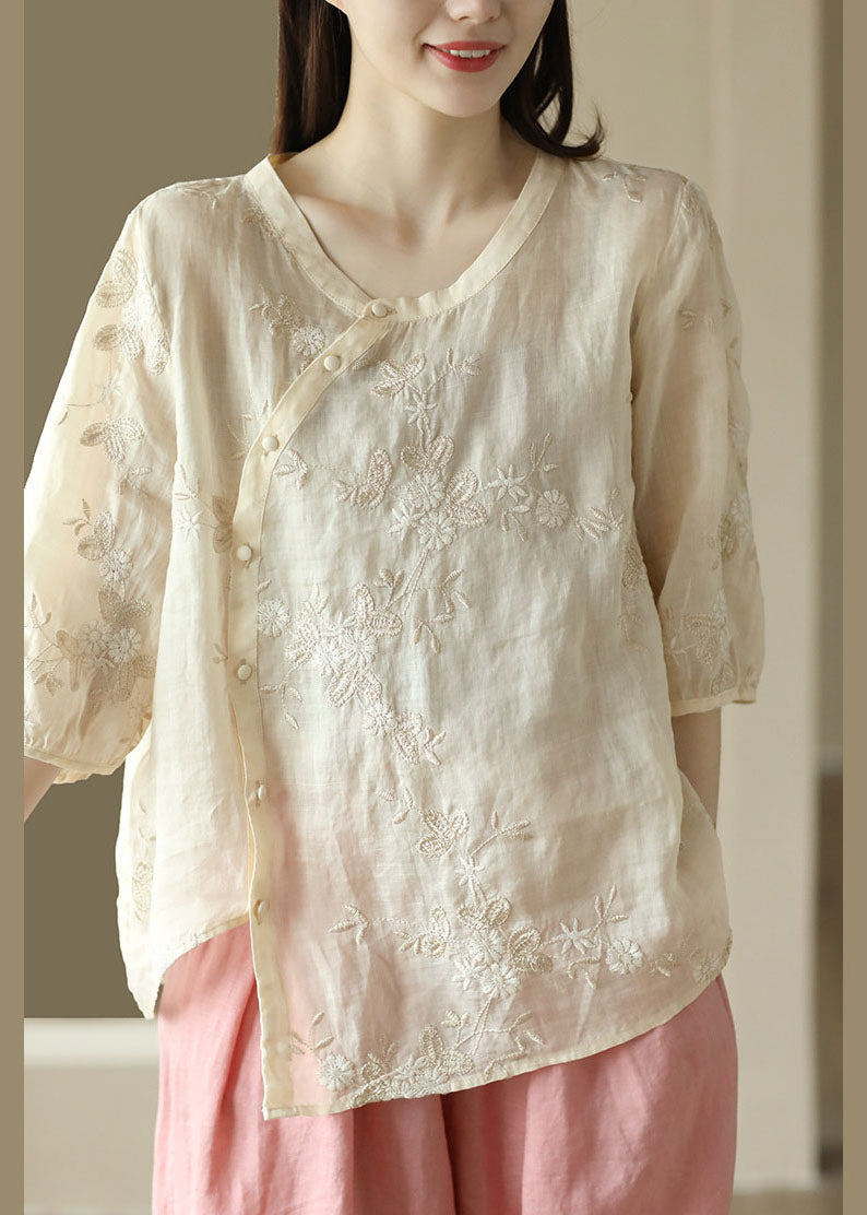 Fine Apricot Embroideried Button Patchwork Linen Top Summer LY5096 - fabuloryshop