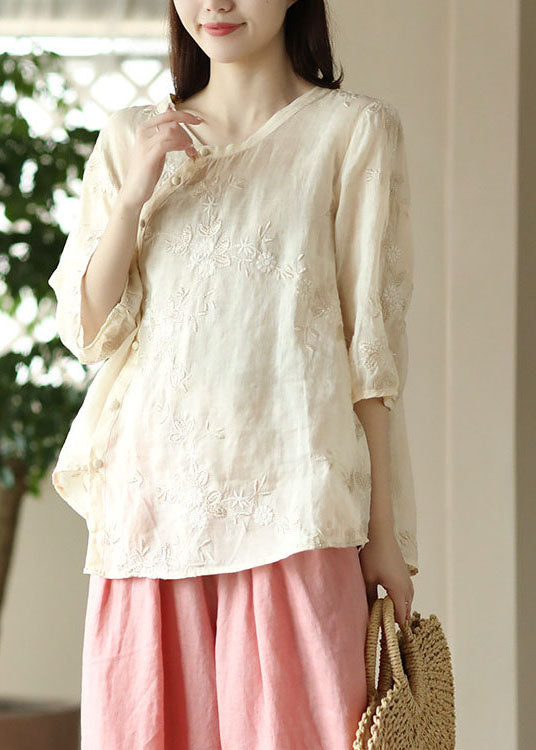 Fine Apricot Embroideried Button Patchwork Linen Top Summer LY5096 - fabuloryshop