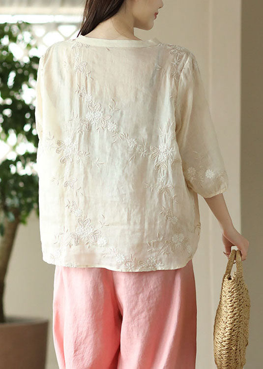 Fine Apricot Embroideried Button Patchwork Linen Top Summer LY5096 - fabuloryshop