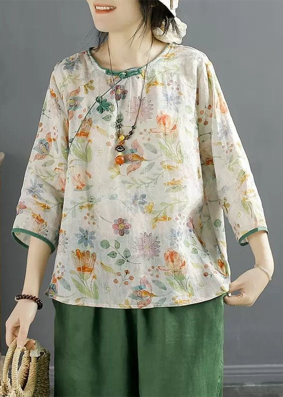 Fine Apricot O Neck Print Button Patchwork Linen Top Summer LY4113 - fabuloryshop