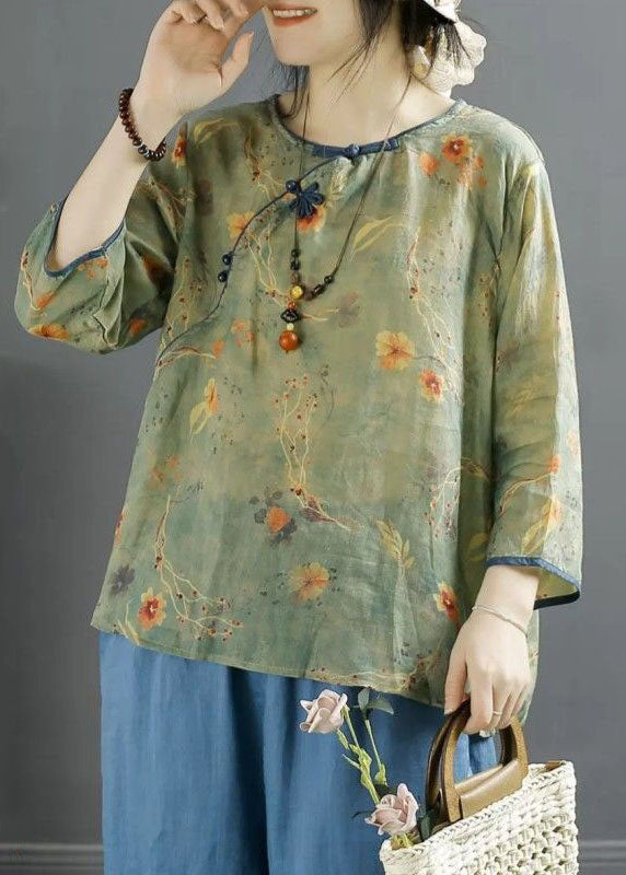 Fine Apricot O Neck Print Button Patchwork Linen Top Summer LY4113 - fabuloryshop